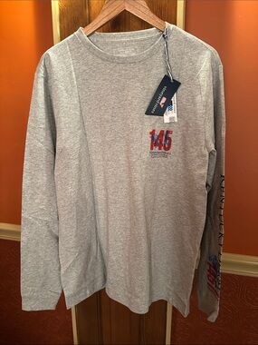 Vineyard Vines Heather Gray Long Sleeve Tee with Red & Blue '145' Graphic,new,M